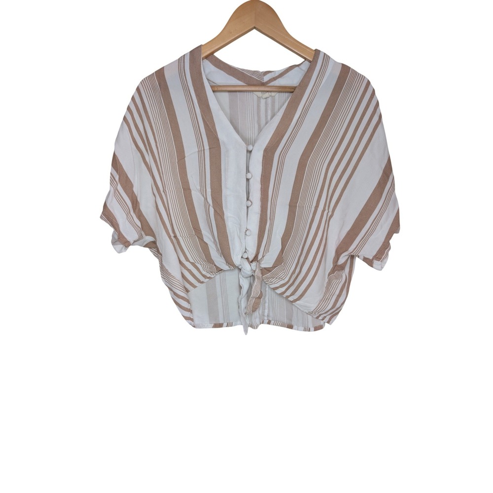 Sim & Sam Womens Tan White Striped Button Tie Front Crop Blouse Top Small